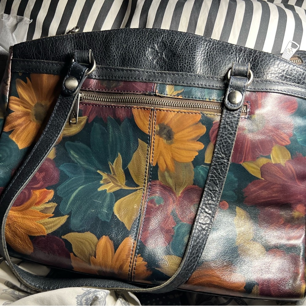Patricia Nash Black Floral Hand-Painted Leather Shoulder Bag with Yellow Accents - Picture 2 of 11